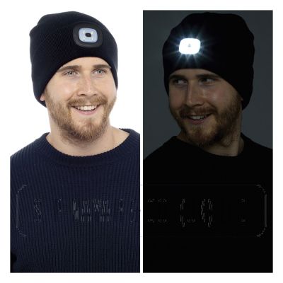 BLACK BEANIE HAT WITH LED LIGHT TORCH. 