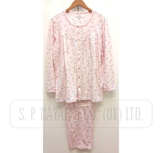 Jersey Button Pajamas Ladies Pink Blush Floral Long Sleeve Pajama